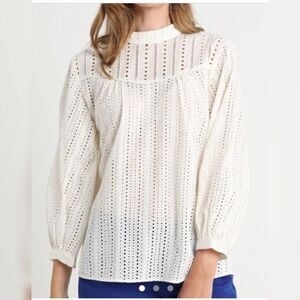 Banana Republic White Eyelet Mock Neck Peasant‎ Prairie 100% Cotton Blouse XSP